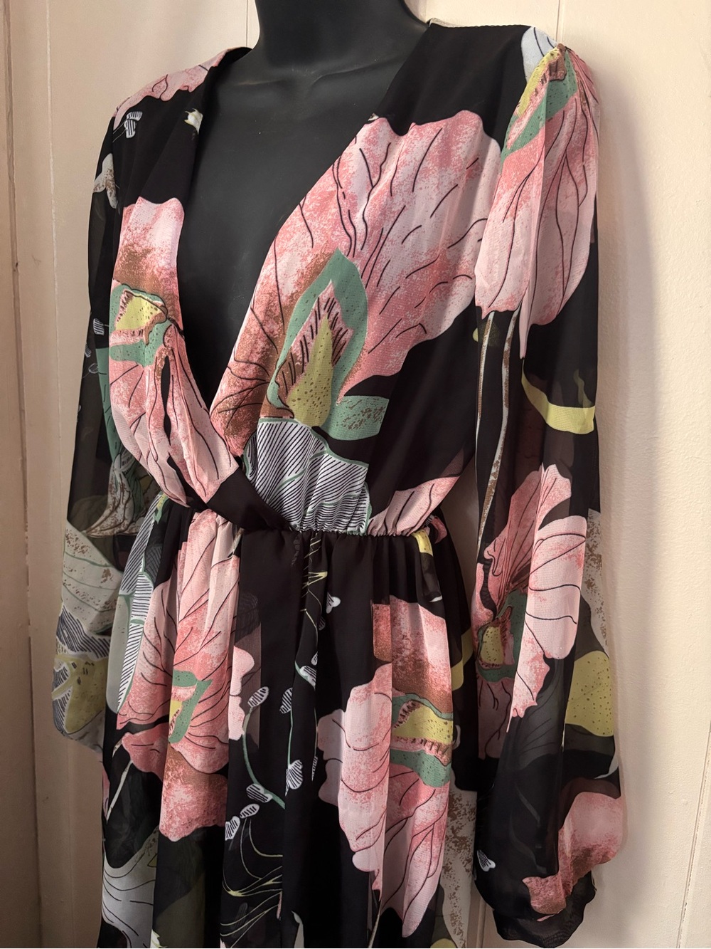 Women's Floral Sheer Maxi Dress, Deep V-Neckline, Long Balloon Sleeves, Acesnug